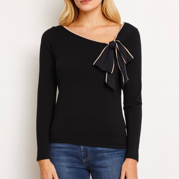 New York & Company Long Sleeve Slant Neck Sweater w/Tie Sz Small Black/Mauve EUC - Picture 1 of 9